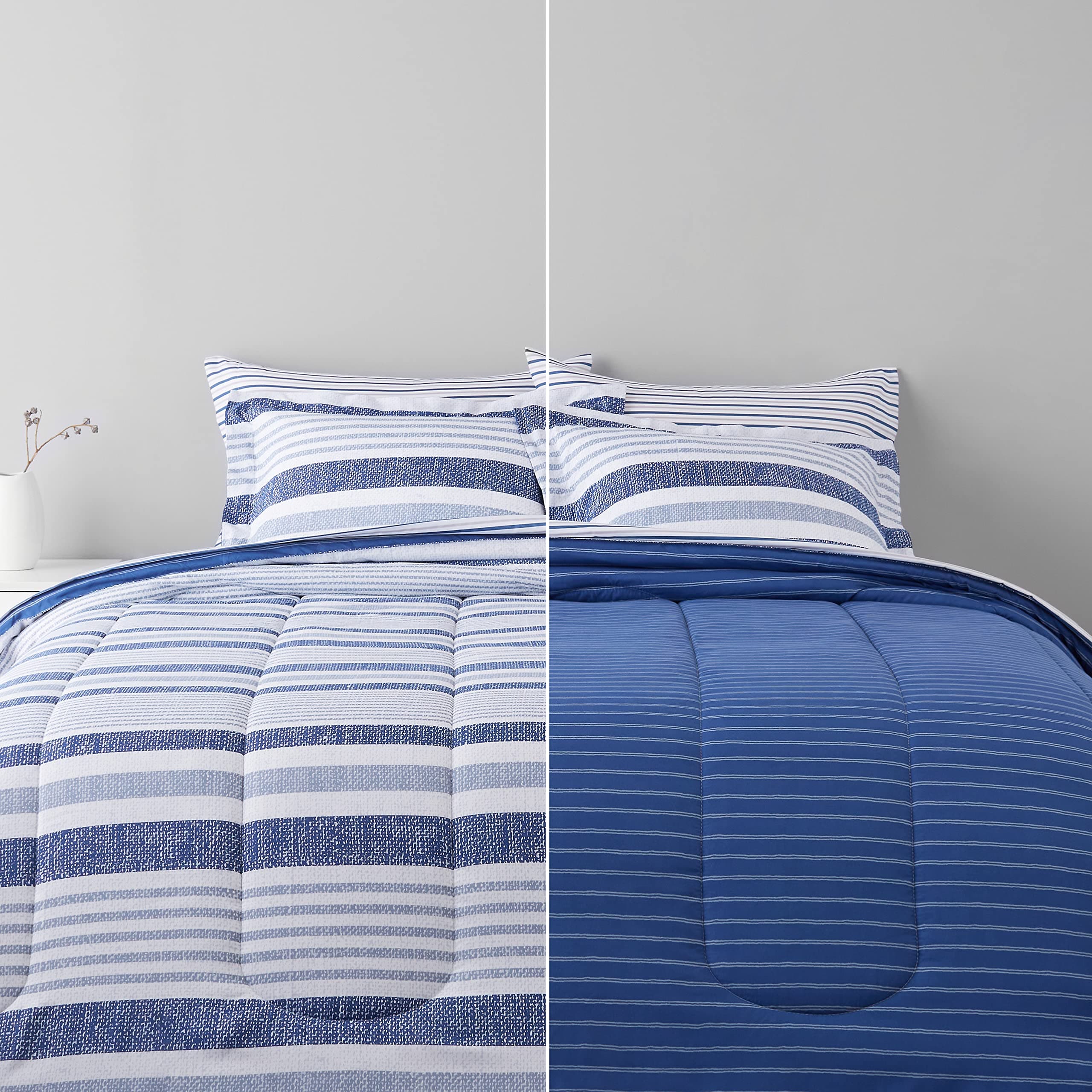 Amazon Basics Ultra-Soft Lightweight Microfiber Reversible Comforter Bed-in-a-Bag 7-Piece Set, Full/Queen, Blue Denim/Beige Stripes