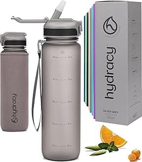 Hydracy Water Bottle with Times to Drink & Straw - Large 1 Litre BPA Free Motivational Water Bottle & No Sweat Sleeve -Leak Proof Gym Bottle with Time Marker - Ideal for Fitness, Sports & Outdoors