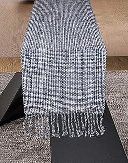 Urban Villa Two Tone Table Decor - 14x72 Blue/White w/Fringes - Cotton Table Runner for Dining, Kitchen, Everyday Use