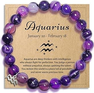 ZCCLINN Zodiac Aquarius Bracelets Birthday Gifts for Women, Astrology Present Constellation Crystal Bracelet, Purple Natural Stone Unique Jewelry with Wish Card for Sister Mom Friend