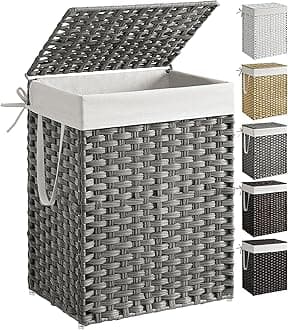 SONGMICS Laundry Hamper with Lid, 23.8 Gallon (90 L) Synthetic Rattan Clothes Laundry Basket with Lid and Handles, Foldable, Removable Liner, Dove Gray ULCB51WG