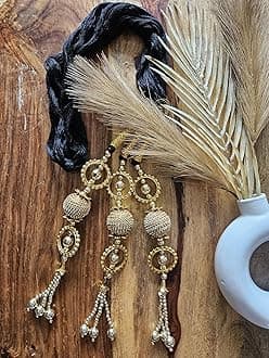 Women Patiala Shahi Paranda/Parandi Traditional Hair Accessory Braid Tassles/Hair Extension/Choti (Black with Golden Color Hangings)