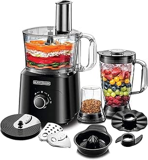 BLACK+DECKER 5-in-1 Food Processor, 750W Power, 2L Processing Bowl, 1.8L Blender Jar with Stainless Steel Blades, 34 Functions for Chopping, Slicing, Shredding, Compact Design, Black - FX775-B5