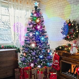 6 ft Pre-Lit Optical Fiber Christmas Artificial Tree, RGB Color Changing LED Lights, Snowflakes & Top Star, Fake Xmas Tree with Metal Legs