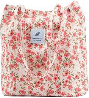 Corduroy Tote Bag Cute Tote Bags for Women Shoulder Bag with Inner Pocket for Work Beach Travel and Shopping Grocery