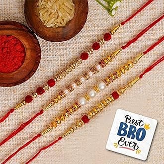 eCraftIndia Set of 4 Red, Golden & White Beads, Pearl, Diamond Designer Rakhis, Happy Rakhi Wooden Cutout with Roli Chawal Pack - Rakhi for Brother, Bhaiya, Bhai