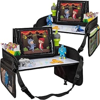 Lusso Gear Kids Lap Desk Tray (Value 2 Pack) - Mesh Pockets & Cup Holder for Car Travel Essentials - Car Seat Tray for Kids Travel & Tablet Holder - Dry-Erase Surface for Road Trip Activities - Black