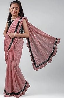 Kids Girls Lycra Blend Saree With Unstitched Sequence Blouse Piece (3-4 yrs to 11-12 yrs) (Pink, 4-5 Years - S)