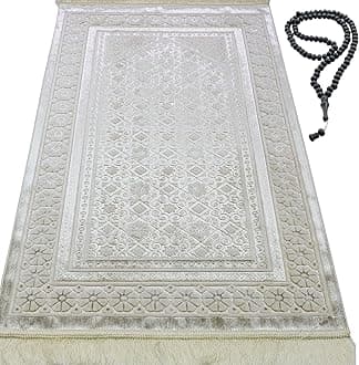 Modefa Velvet Prayer Rug - Soft Plush Turkish Janamaz Sajada Carpet for Men and Women - Plain Solid Prayer Mat Ramadan Eid Gift - with Prayer Beads - Luxury Floral Stamp (Ivory)