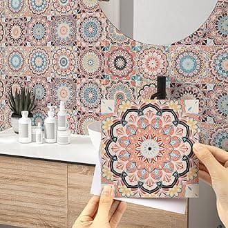Hode 24 Pieces Moroccan Stick on Tiles, 15x15cm Vintage Tile Stickers for Kitchen Bathroom, Vinyl Wrap for Wall, Self Adhesive Decal Waterproof (Glossy)