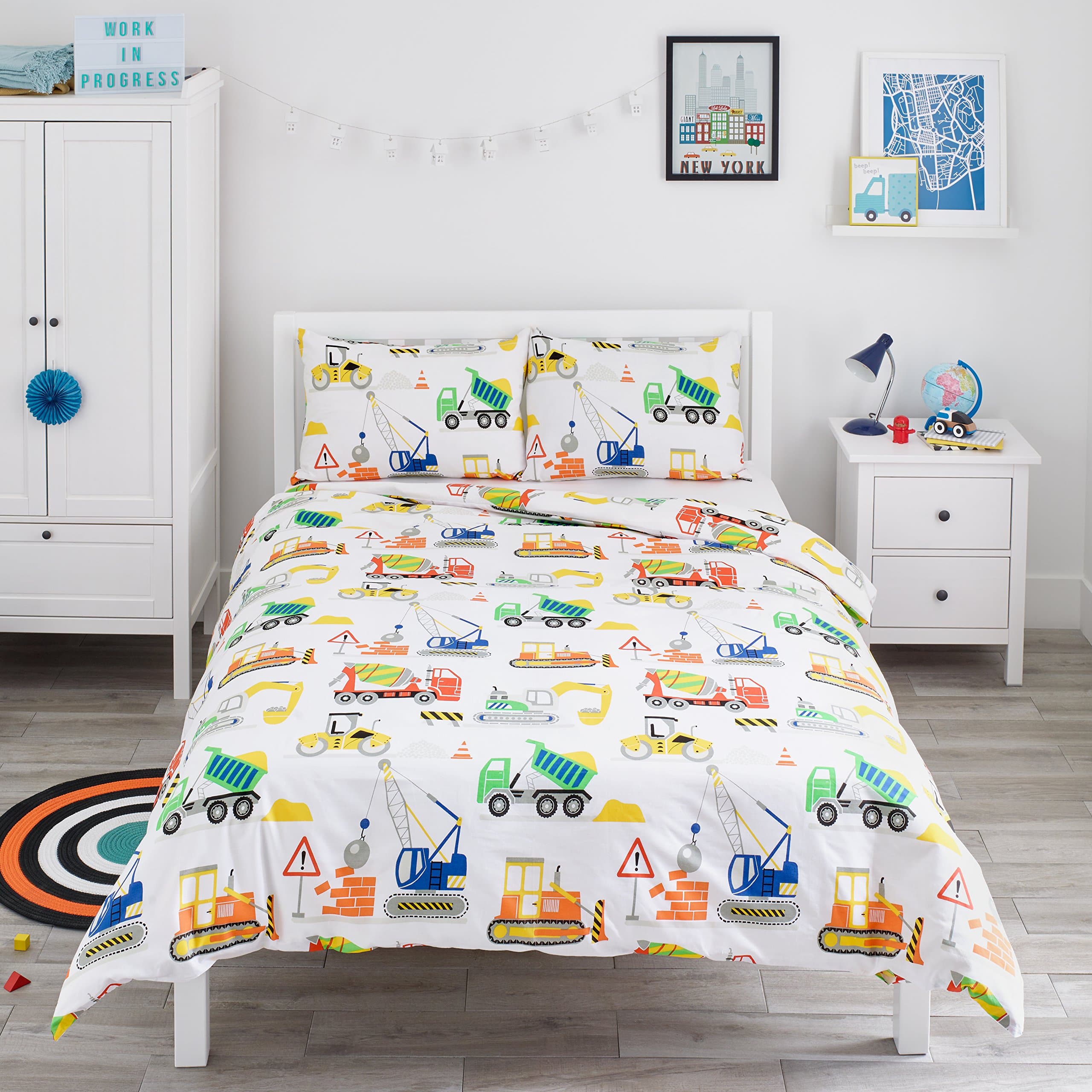 Bloomsbury Mill - Kids Double Duvet Set - Kids Double Bedding for Boys and Girls - Construction Diggers - Childrens Double Bed Duvet Cover Set with 2 x Pillow Cases - 200x200cm