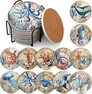 Hushee 12 Pcs Ceramic Drink Coasters with 1 Holder Holiday Cup Coasters with Cork Backing for Home Table Protection Wine Cups Coffee Bar Party Gifts(Beach Theme)