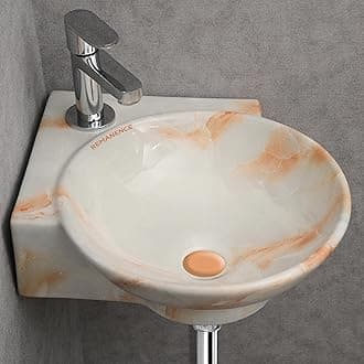 REMANENCE Wall Mounted Wash Basin for Bathroom | Ceramic Wash Basin Wall Hung Small Corner Wash Basin/Sink (16.3 x 13.8 x 4.3 Inch) (Designer White Orange)