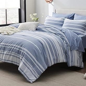 Bedsure Full Comforter Set 7 Pieces, Blue Striped Bedding Set for All Seasons, Reversible, Cationic Dyeing Bed in a Bag with Comforter, Sheets, Pillowcases & Shams