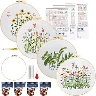 Maydear4 Packs Embroidery Starter Kit with Pattern, Stamped Cross Stitch Kits for Beginners Adults with Embroidery Hoop and Instructions, Hand Embroidery Kit (A-Embroidery kit Florals)