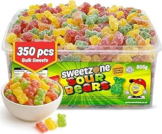 Sweetzone Sour Gummy Bears Sweets Tub, Halal Gummy Candy in Retro Fizzy Sweets, 805g Tub of 350 pcs of Gummies Candy, Sour Gummy Bears Packed with Flavour and Tangy Taste for Kids, and Sweet Lovers