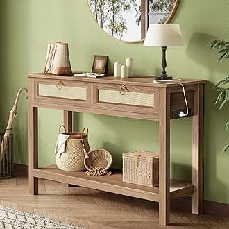 SUPERJARE Rattan Console Sofa Table with Outlets and USB-C Port, 2 Drawer Entryway Table with Synthetic Rattan Surface, 39 Inch, Open Shelf, Behind Couch Entry Foyer Hallway Storage, Brown