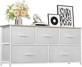 YITAHOME Wide Chest of Drawers, Dresser with 5 Drawers, Light Grey Fabric Storage Tower, Dresser for Bedroom with 5 Drawers, Living Room, Closets - Sturdy Steel Frame, Wooden Top
