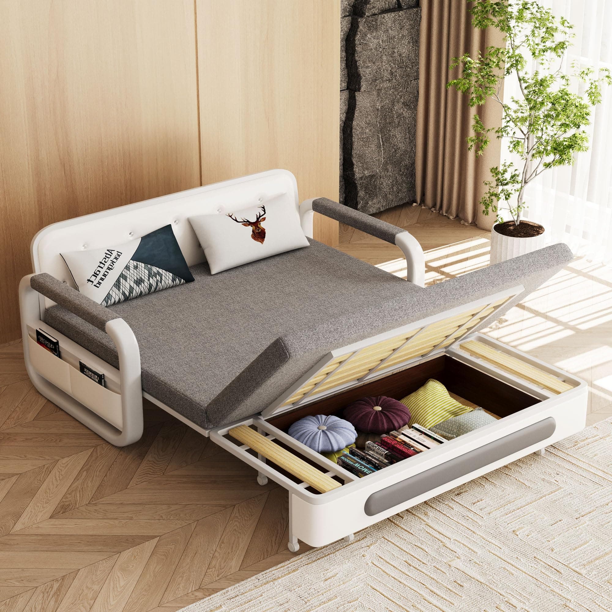 Pull-Out Sofa Daybed with Trundle - Versatile Futon Sleeper Couch for Living Room and Small Spaces (34.6" D x 62.2" W x 34.2" H) - Gray/White Sofa Bed