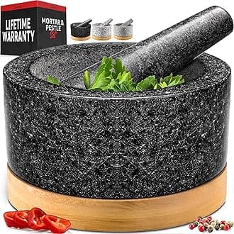 PriorityChef Heavy Duty Mortar and Pestle Set with Bamboo Base, 100% Natural Granite Stone Grinder, Guacamole Bowl and Masher, 4 Cups, Black