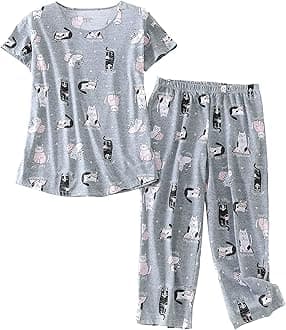 Inadays Womens Cotton Pajama Sets Short Sleeve Top With Capri Pants 2 piece sets for Women Summer Pajamas Lounge Set