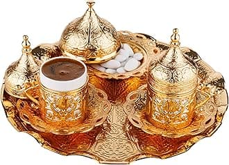 DEMMEX 11-Piece Turkish Coffee Serving Set - Porcelain Cups, Ornate Metal Holders, Lids, Saucers, Sugar Bowl & Decorative Tray - Traditional Greek Arabic Coffee Set for Authentic Experience, Gold