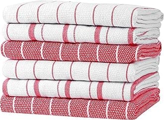 Zeppoli Classic Kitchen Towels - 6 Pack 100% Natural Cotton Towel Set, Reusable Wash Cloths, Absorbent Dish Towels, Machine Washable Hand Towels, Kitchen Essentials, 20� x 28� - Red VAR