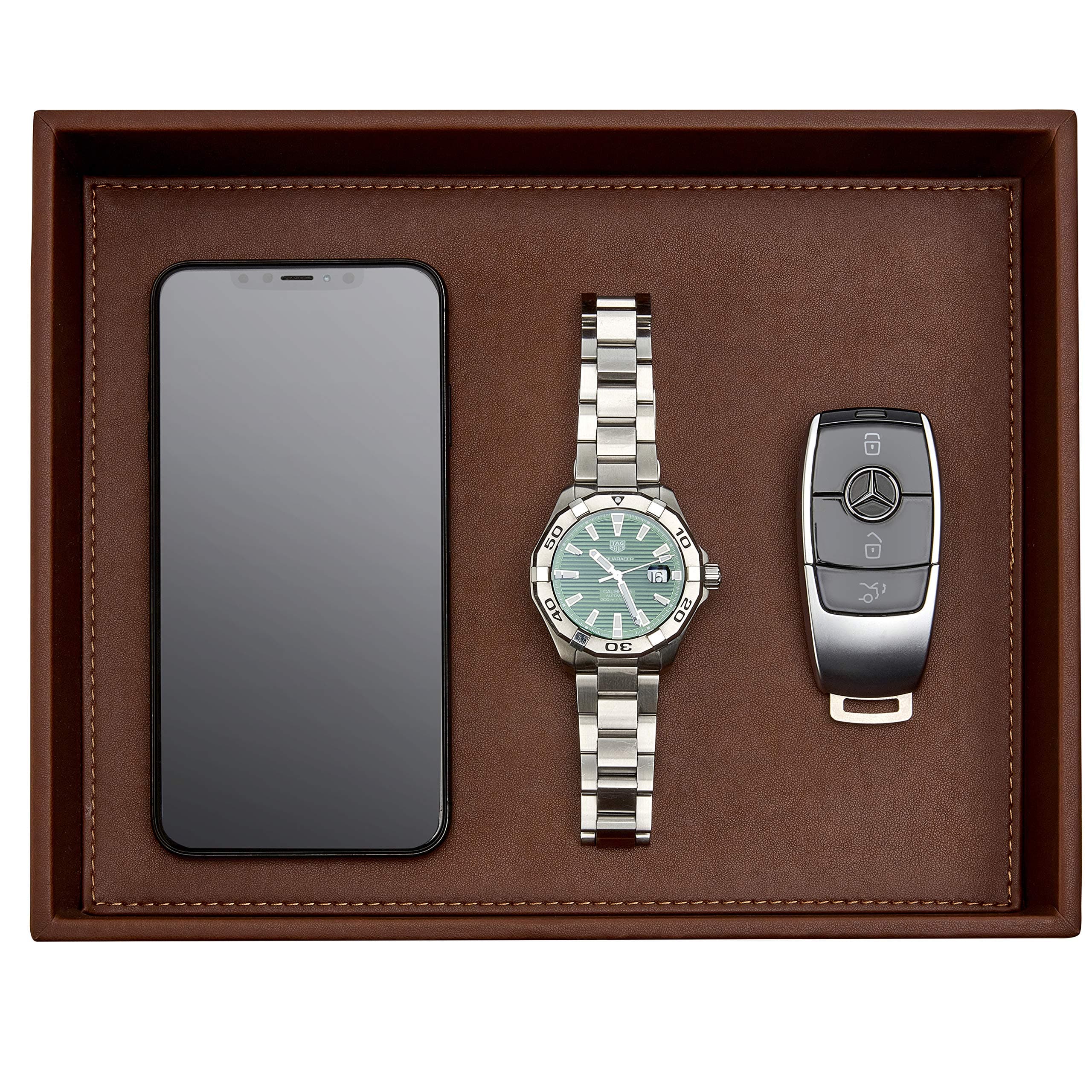 GALLAWAY Leather Valet Tray for Men - Nightstand Organizer EDC Tray for Wallet and Keys - Bedside Dresser Catch All Dump Key Bowl for Entryway Table, Dark Brown