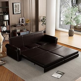 DNChuan 93.7" Chesterfield 3 Seater Pull Out Sofa Bed King Size with Pillows, PU Leather 3-in-1 Convertible Sleeper Couch with Nails Trim, Space Saving for Living Room, Dark Brown