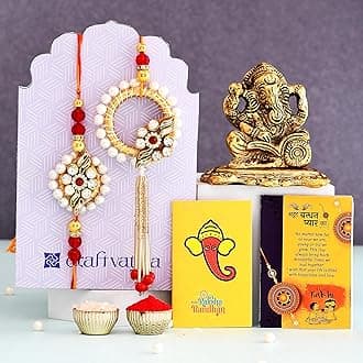 Collectible India Rakhi for Brother and Bhabhi with Gift Combo, Premium Rakshabandhan Gifts Combo for Brother Bhaiya Bhabhi Pair Rakhi Set Lumba Rakhi,Ganesh Idol Showpiece Home Decoration Items