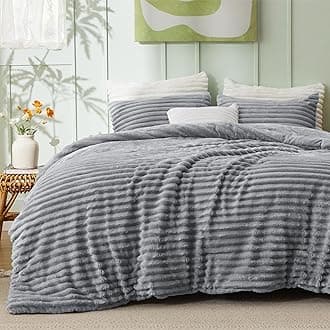 Full Size Comforter Sets - GentleSoft™ 3 Pieces Double-Side Fleece Fluffy Grey Comforter Set, Cozy Striped Room Decor Aesthetic, Luxury Full Size Bedding, 2 Pillowcases, 82x86 Inches