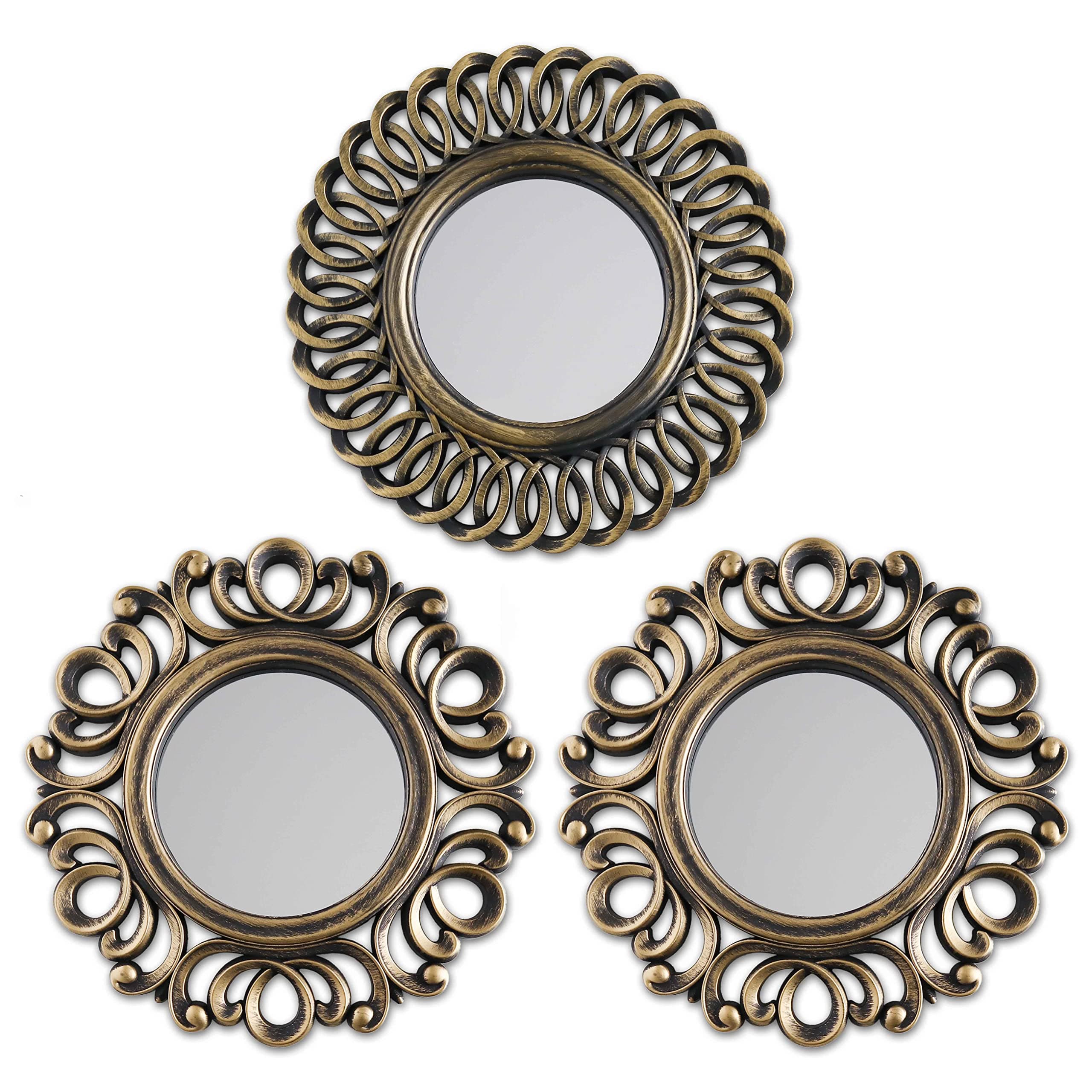 BONNYCO Wall Mirrors Pack of 3, Round Gold Mirrors for Living Room, Home Decor and Bedroom. Hanging Wall Decoration Hallway, Small Shabby Chic Home Accessories Mounted. Gifts for Women and Mums