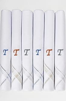 Men's Initial Monogram (A-Z) Embroidery 100% Pure Cotton Handkerchief White Base With Colored Border - Pack Of 6