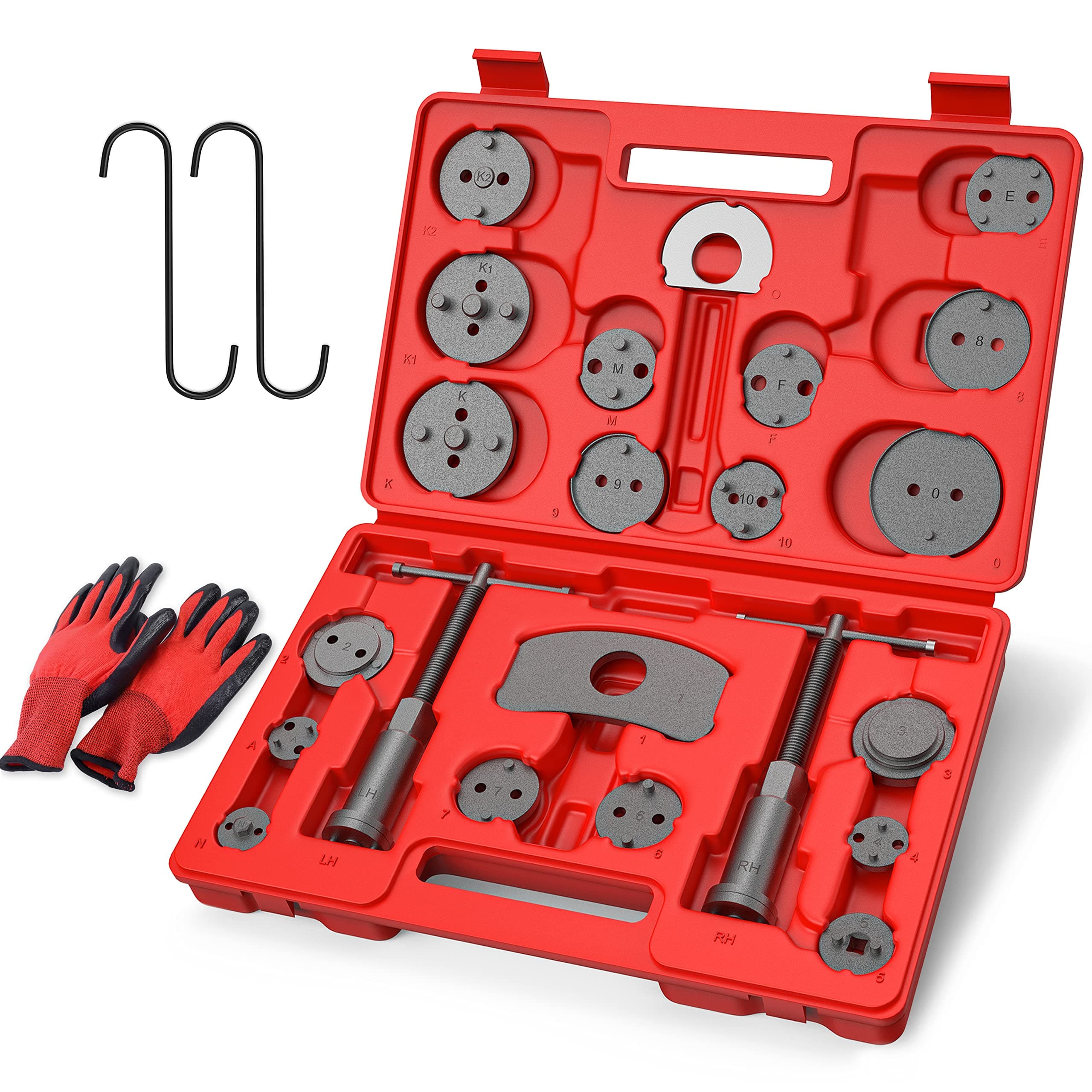 Universal Disc Brake Caliper Wind Back Tool and Piston Compression Sets-26 Pieces (Red)