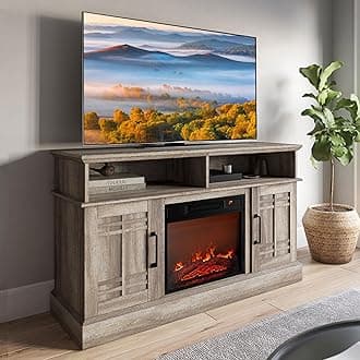 48" TV Stand with 18" Electric Fireplace Heater, Modern TV Stand for TVs up to 50", Entertainment Media Stand with Open Shelves and Storage Cabinets for Living Room, Bedroom (Ashland Pine)