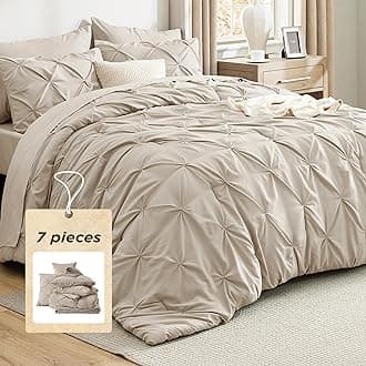 Bedsure Queen Comforter Set Beige - Bed in a Bag Queen Size 7 Pieces, Pintuck Bedding Sets Gift for Christmas, Beige Bed Set with Pinch Pleat Queen Size Comforter, Sheets, Pillowcases & Shams