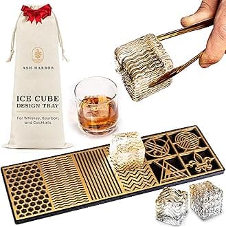 Clear Ice Cube Maker Design Tray - Craft Modern Ice Molds for Bourbon & Cocktails in 5 Seconds - Whiskey Mold Cube Stamp – Bartender Accessories - Copper Ice Press Cocktails by Ash Harbor (Patterns)