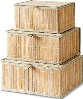 Bamboo Decorative Storage Boxes - Set of 3 Woven Lined Storage Basket with Lids, Beige Wicker Lidded Baskets for Home Kitchen Shelf Organizer Decor