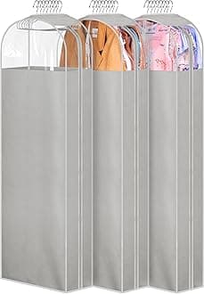 MISSLO 10" Gusseted Garment Bags for Hanging Clothes Storage 60" Dress Bags for Gowns Long Breathable Dress Cover for Closet Storage Coat Protector, 3 Packs, Grey