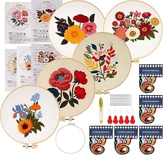 Maydear5 Packs Embroidery Starter Kit with Pattern, Stamped Cross Stitch Kits for Beginners Adults with Embroidery Hoop and Instructions, Hand Embroidery Kit (Florals)