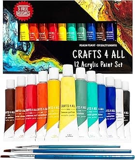 Crafts 4 All Acrylic Paint Set - Art Paints for Canvas, Model Painting, Wood, Ceramics and Fabric - Craft Supplies with 3 Artist Brushes for Adults & Kids﻿, 12 Pack, 12mL