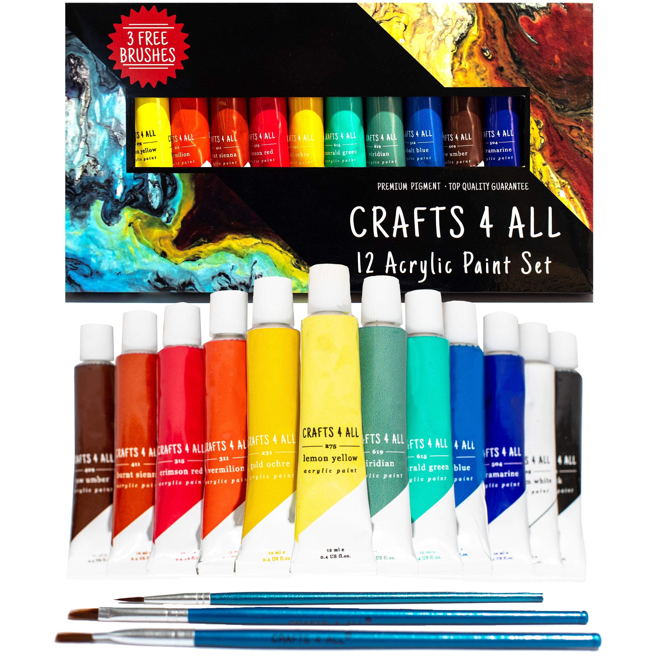 Crafts 4 All Acrylic Paint Set - Art Paints for Canvas, Model Painting, Wood, Ceramics and Fabric - Craft Supplies with 3 Artist Brushes for Adults & Kids﻿, 12 Pack, 12mL