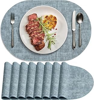 Placemats for Dining Table Set of 8 Non-Slip, Heat Resistant Oval Leather Placemat Double Layer, Waterproof Table Mats Easy to Clean for Kitchen Dining Room Coffee Office Table, Light Blue