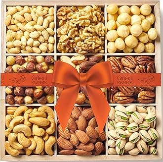 Gourmet Collection - Happy Birthday Treats, Nuts Gift Basket in a Reusable Wooden Tray (9 Assortments) Food Arrangement, Healthy Snack Care Package