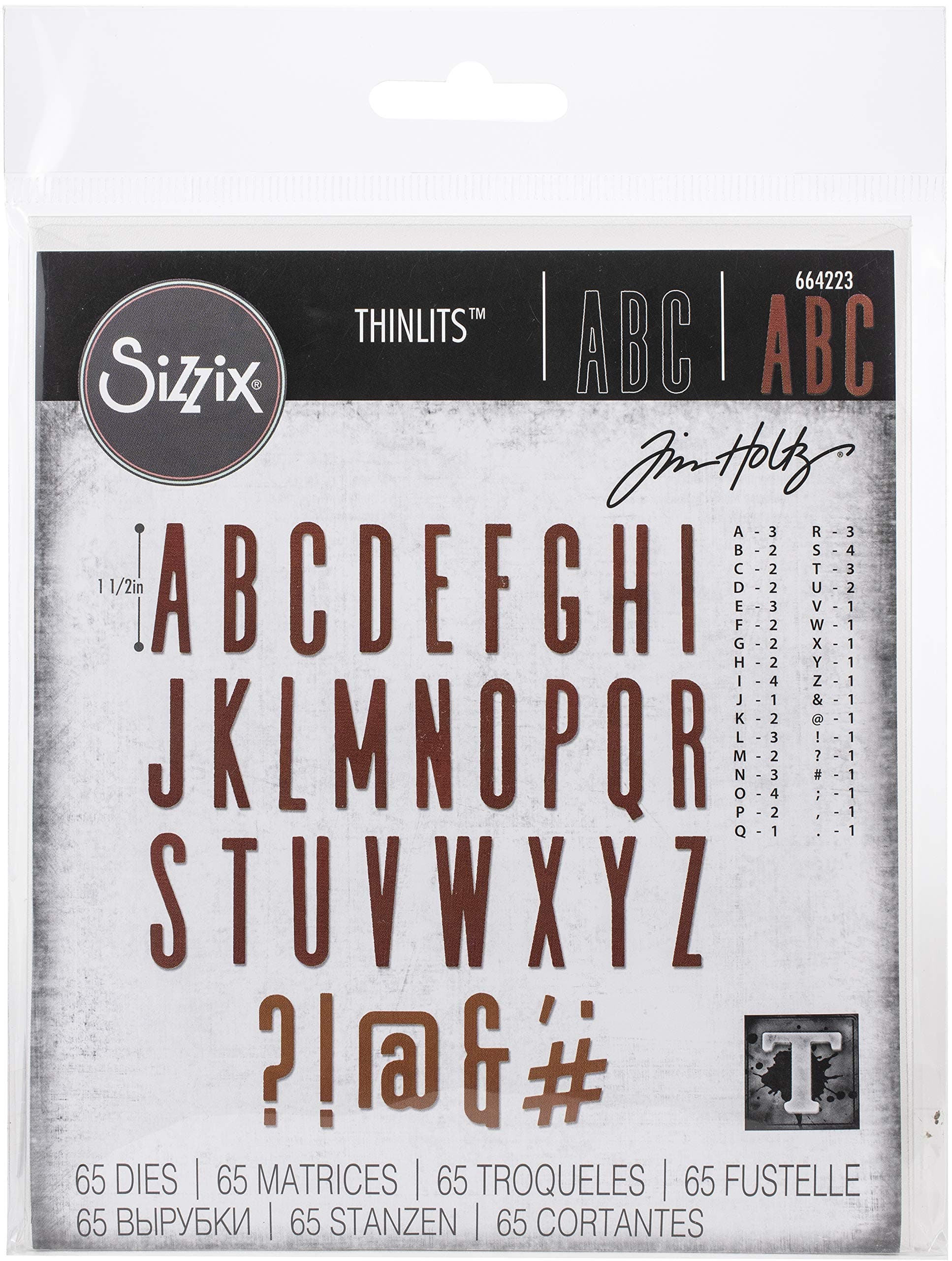 SizzixThinlits Die Set 65 Pack Alphanumeric Classic Upper Case by Tim Holtz, Multicolor