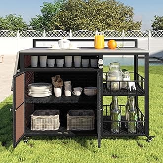 RUNNA 63.5" Outdoor Kitchen Island, Kitchen Storage Island,Cooking Station, Outdoor Grill Cart with Foldable Side Tabletop,Ample Storage Space, Bottle Opener for Outside BBQ,Patio,Backyard