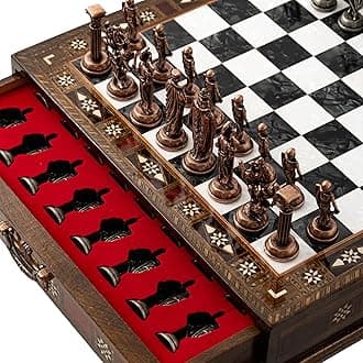 15’’ Handmade Wooden Chess Set with British Army Metal Pieces – Luxury Storage Board – Gift for Adults, Fathers & Collectors, Gift for Him (Black)
