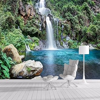 Custom Size Wall Murals，Removable Peel and Stick Self-Adhesive Wall Murals Large Photo Wallpaper,3D Waterfall Lake Forest Natural Scenery for Living Room Bedroom