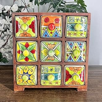 Bohemian Wooden Storage Box with 9 Hand-Painted Ceramic Drawers – Jewelry or Spice Organizer