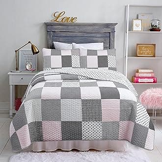 Cozy Line Home Fashions Black White Pink Polka Dots Striped Star Girl 100% Cotton Reversible Quilt Bedding Set, All-Season Coverlet Bedspread (Black Pink, Twin - 2 Piece)